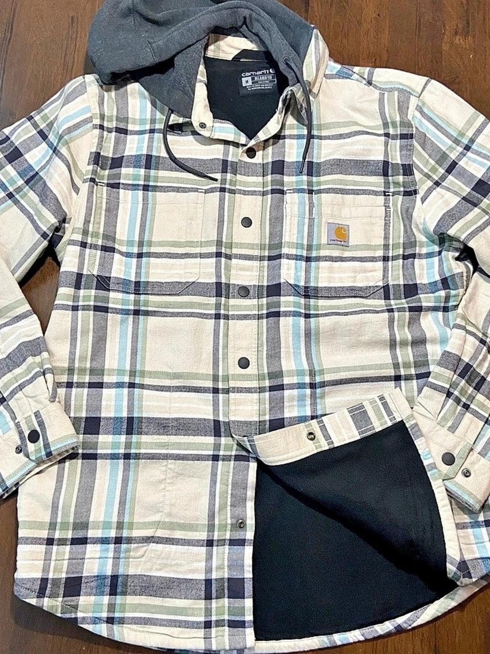 Carhartt Rugged Flex Jacket Mens Medium Green Cream Plaid Fleece Lined TJ5621-M